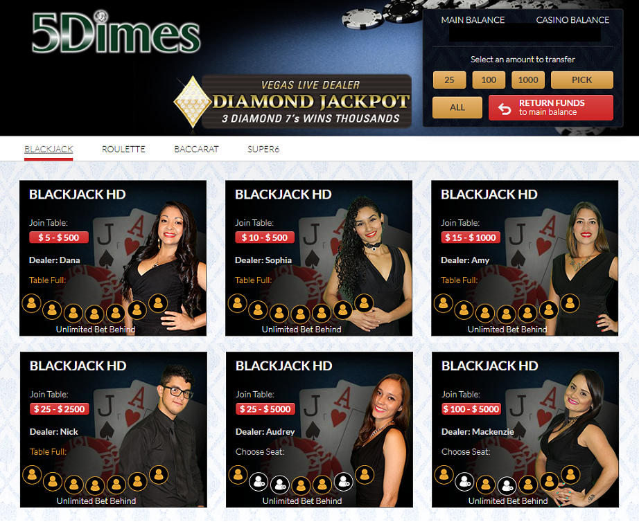 5Dimes Casino Live Dealer Lobby
