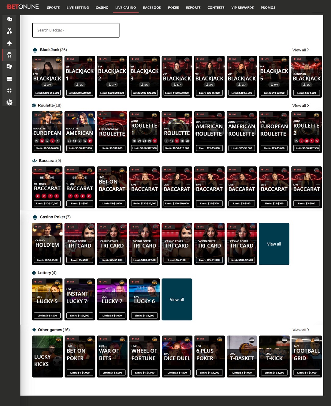 BetOnline Live Casino Lobby